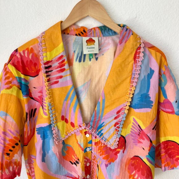 FARM RIO Neon Macaw Bird Print Collar Puff Sleeve Cropped Blouse Size M - Picture 2 of 6
